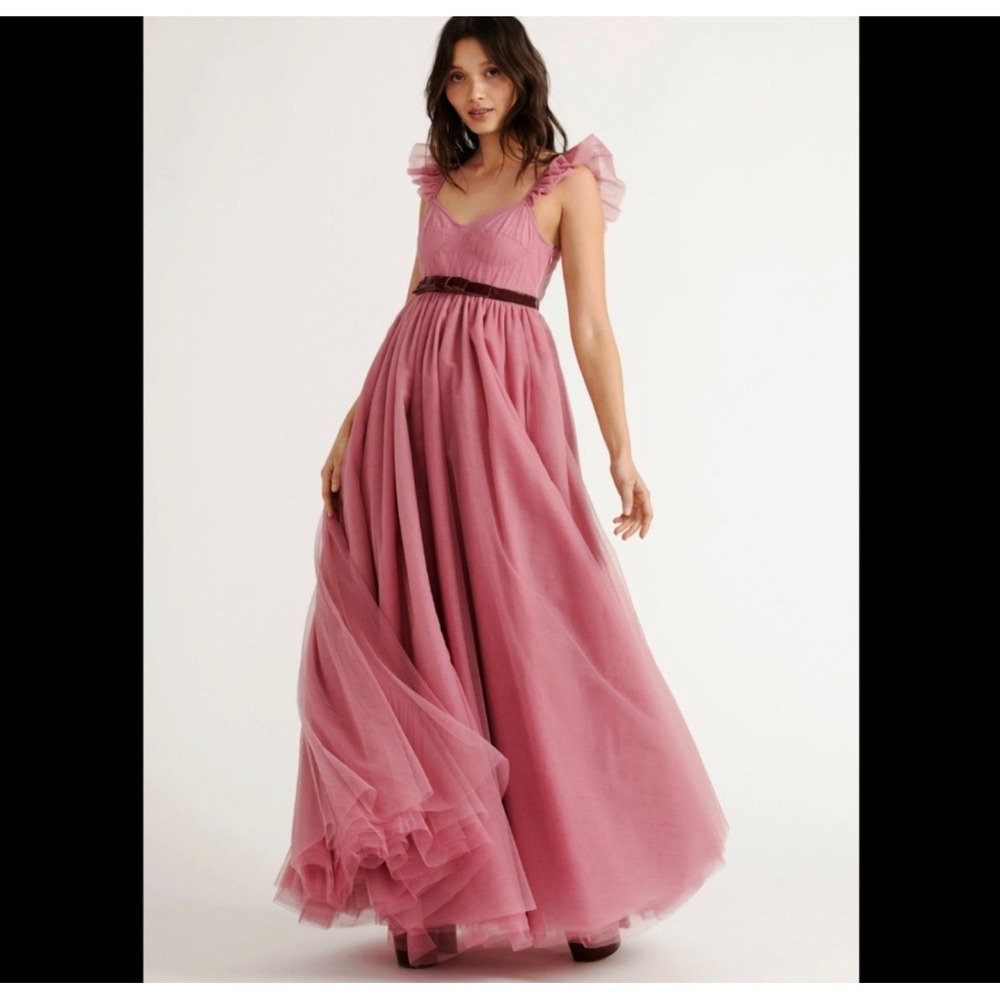 LoveShackFancy Macron Pink Tulle Gown Ruffle Sleeve Maxi Dress NWT $1095